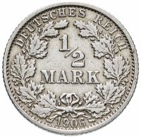 Купить Германия 1/2 марки (mark) 1906 F знак монетного двора: "F" - Карлсруэ