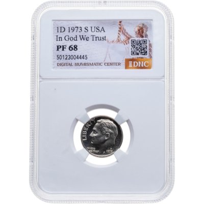 купить США 10 центов (one dime) 1973 S "Roosevelt Dime" в слабе DNC PF68
