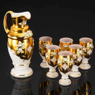 купить Набор для подачи напитков (кувшин и 6 бокалjd), декорированный лепными цветочными элементами, стекло, матирование, роспись, золочение, лепнина, Bohemia Evpas, Чехословакия, 1980-1990 гг.