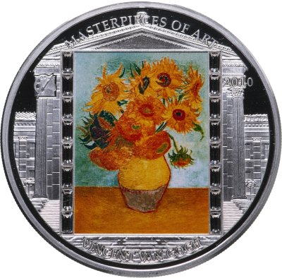 купить Острова Кука 20 долларов 2010 "Шедевры живописи - Винсент Ван Гог - Подсолнухи", в футляре с сертификатом