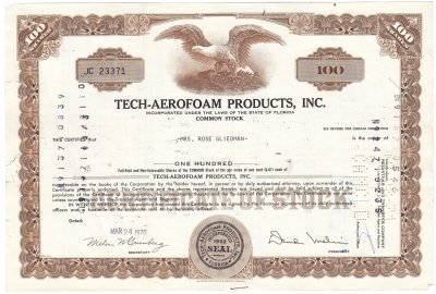 купить Акция США - Tech-Aerofoam Products Inc. 1968 - 1971 гг.
