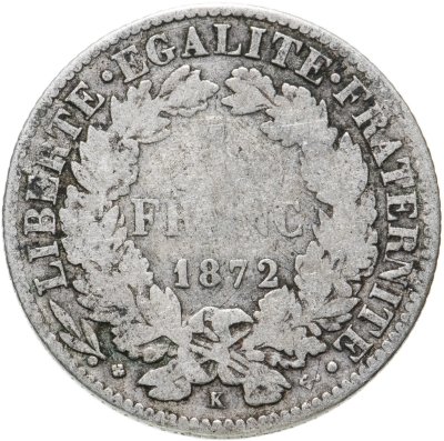 купить Франция 1 франк (franc) 1872 K знак монетного двора: "K" - Бордо