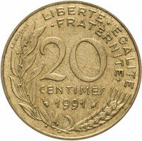 Купить Франция 20 сантимов 1991