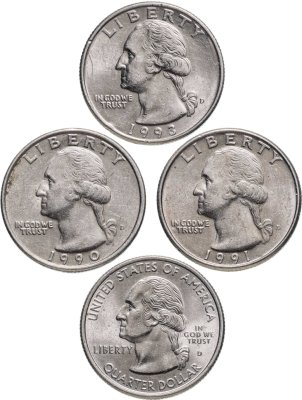 купить США набор из 4 монет 25 центов (квотер, 1/4 доллара, quarter dollar) 1990-1999 знак монетного двора "D" - Денвер