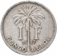 купить Бельгийское Конго 1 франк (franc) 1927 Надпись на французском - 'ALBERT ROI DES BELGES'