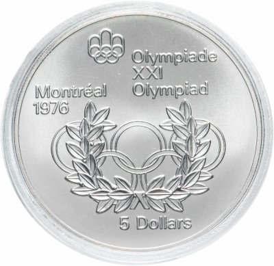 купить Канада 5 долларов (dollars) 1974 "XXI летние Олимпийские Игры, Монреаль 1976 - Олимпийские кольца и венок"