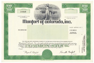 купить Акция США Monfort of colorado, inc. ( чистый бланк)
