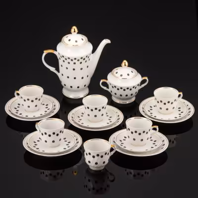 купить Сервиз кофейный "Кофейные зёрна", форма "Рига", автор формы Levons Agadžanjans (Левон Агаджанян), на 5 персон (18 предметов), фарфор, деколь, золочение, Рижский фарфорово-фаянсовый завод, СССР, 1980-1990 гг.