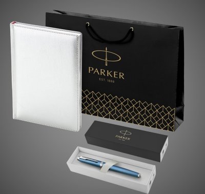 купить Подарочный набор: Ручка роллер Parker IM Premium T318 Blue Grey CT, цвет чернил черный и ежедневник серебристого цвета, Металлы: латунь, сталь, 2026 г.
