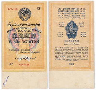 купить 1 рубль золотом 1928, наркомфин Брюханов, кассир Бабичев, Тип 3 (буквенная серия без слова "Серия"), номер шириной 17,5 мм
