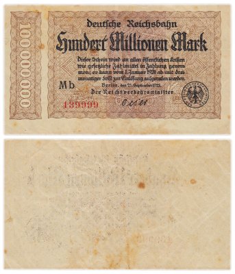 купить Германия 100000000 марок 1923 год ж.д. Берлин