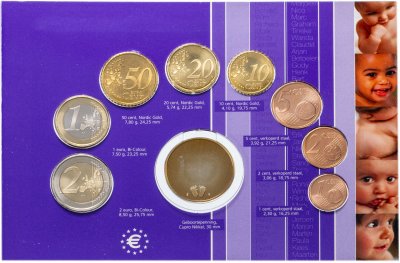 купить Нидерланды 2003 официальный годовой набор евро из 8 монет и жетона "На рождение ребенка" в буклете