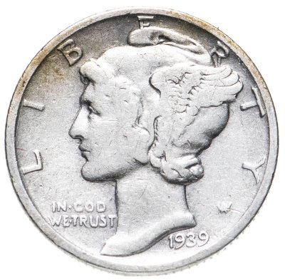 купить США 10 центов (дайм, one dime) 1939 Mercury Dime Без отметки монетного двора