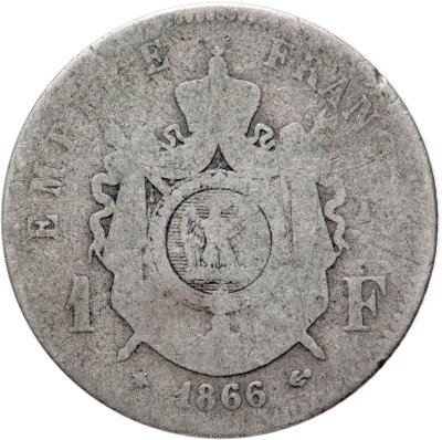 купить Франция 1 франк (franc) 1866 A знак монетного двора: "A" - Париж