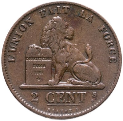 купить Бельгия 2 сантима (centimes) 1870 Надпись на французском - 'DES BELGES'