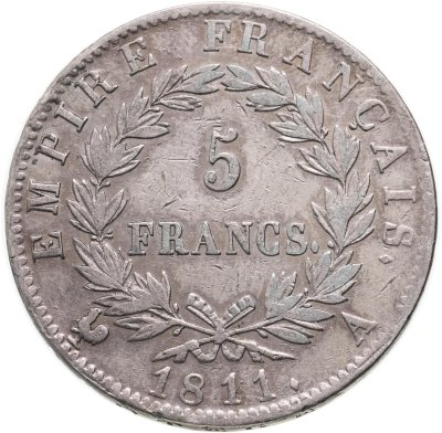 купить Франция 5 франков (francs) 1811 с портретом Императора Наполеона I, знак монетного двора "А" - Париж