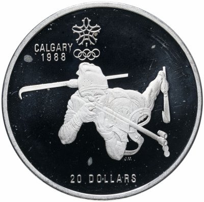 купить Канада 20 долларов (dollars) 1986 XV зимние Олимпийские Игры, Калгари 1988 - Биатлон Надпись на гурте 'XV OLYMPIC WINTER GAMES - XVES JEUX OLYMPIQUES D'HIVER'
