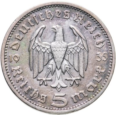 купить Третий Рейх, Германия 5 рейхсмарок 1935, знак монетного двора: "A" - Берлин, орел без свастики (Гинденбург)
