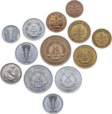 купить Германия набор из 13 монет 1, 2, 5, 10, 20, 50 пфеннигов, 1, 2, 5 марок 1949-1991 ФРГ и ГДР