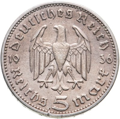 купить Германия (Третий Рейх) 5 рейхсмарок 1936, Двор А (Берлин), Орел без свастики (Гинденбург)
