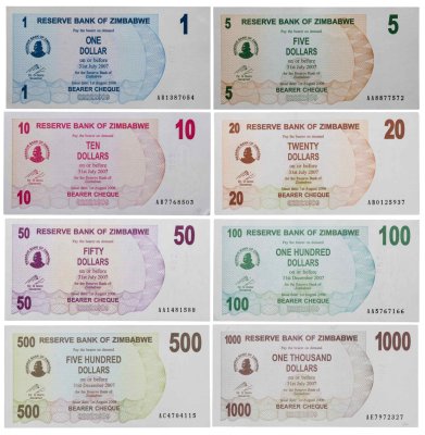 купить Зимбабве набор из 8 банкнот 1, 5, 10, 20, 50, 100, 500, 1000 долларов 2006-2007 ПРЕСС