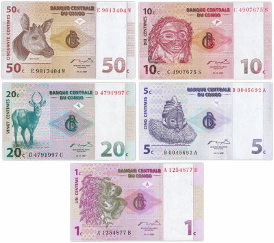купить Конго - набор (5 банкнот) 1, 5, 10, 20, 50 сантим 1997 Фауна