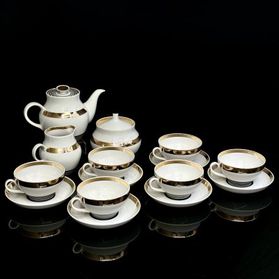 купить Сервиз чайный с полосатым декором на 6 персон (15 предметов), фарфор, золочение, Дулевский фарфоровый завод (Дулёво), СССР, 1968-1980 гг.