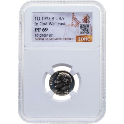 купить США 1 дайм (10 центов, one dime) 1975 S "Roosevelt Dime" в слабе DNC PF69