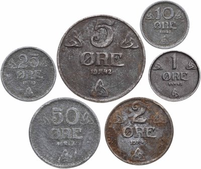 купить Норвегия набор монет 1-50 эре 1941-1944 (6 шт.)