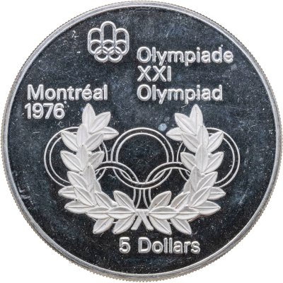 купить Канада 5 долларов (dollars) 1974 "XXI летние Олимпийские Игры, Монреаль 1976 - Олимпийские кольца и венок"
