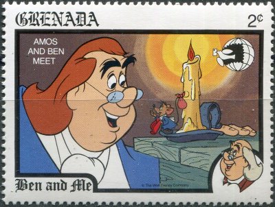 купить Гренада Почтовая марка 1989 ""Бен и я". Встреча Бенджамина Франклина и Амоса"