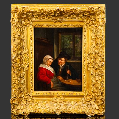 купить Картина "Ухаживание крестьянина за пожилой женщиной", (по работе Адриана ван Остаде (1610-1685)), неизвестный художник, дерево, масло, Западная Европа, 1860-1890 гг.