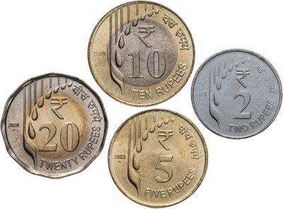 купить Индия набор из 4 монет 2, 5, 10 и 20 рупий 2020- 2021 новый дизайн