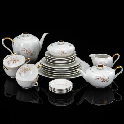 купить Сервиз чайный с растительным декором на 5 персон (25 предметов), фарфор, роспись, золочение, Volkstedt Beyer & Bock, ГДР, 1960-1980 гг.