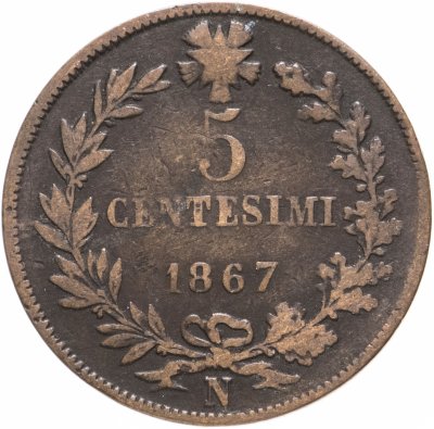 купить Италия 5 чентезимо (centesimi) 1867 N знак монетного двора: "N" - Неаполь