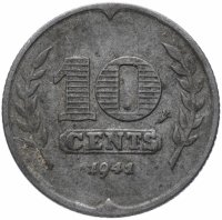 Купить Нидерланды 10 центов (cents) 1941 Три тюльпана - цинк