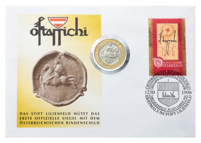 купить Австрия 50 шиллингов (shillings) 1996 1000 лет Австрийскому государству, в конверте с маркой