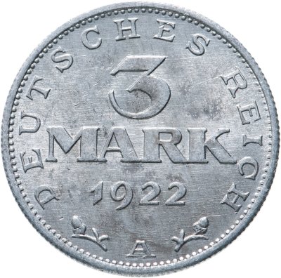 купить Германия 3 марки (mark) 1922 A знак монетного двора "A" — Берлин