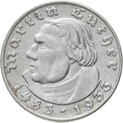 купить Германия, Третий рейх 2 рейхсмарки (reichsmark) 1933 "450 лет со дня рождения Мартина Лютера"