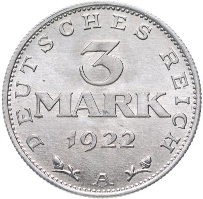 купить Германия 3 марки (mark) 1922 A знак монетного двора "A" — Берлин
