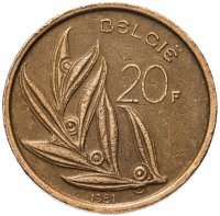 Купить Бельгия 20 франков случайный год (1980-1993) надпись на голландском - 'BELGIE'