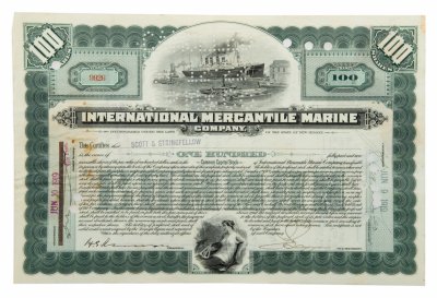 купить Акция США INTERNATIONAL MERCANTILE MARINE ( ТИТАНИК)" Гашение представителями банка "JP Morgan"" 1919 г.