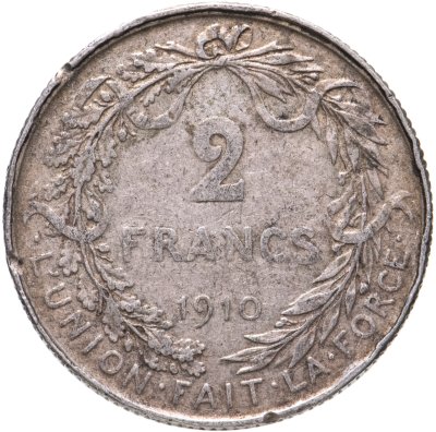купить Бельгия 2 франка (francs) 1910 Надпись на французском - 'ALBERT ROI DES BELGES'
