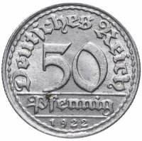 Купить Германия (Веймарская республика) 50 пфеннигов (pfennig) 1922 D