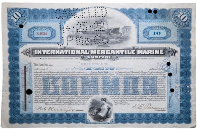 купить Акция США INTERNATIONAL MERCANTILE MARINE ( ТИТАНИК)" Гашение представителями банка "JP Morgan"" 1919-1922 гг.