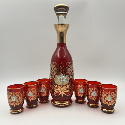 купить Набор из штофа и 6 стопок, декорированный лепными цветочными элементами, стекло, роспись, золочение, лепнина, Чехословакия, 1980-1990 гг.