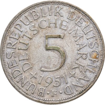 купить Германия 5 марок (deutsche mark) 1951 F знак монетного двора: "F" - Штутгарт