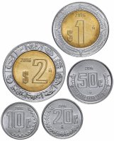 Купить Мексика набор монет 2016 год 10, 20, 50 сентаво, 1 и 2 песо (5 штук)