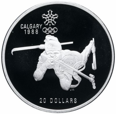 купить Канада 20 долларов (dollars) 1986 XV зимние Олимпийские Игры, Калгари 1988 - Биатлон Надпись на гурте 'XV OLYMPIC WINTER GAMES - XVES JEUX OLYMPIQUES D'HIVER'