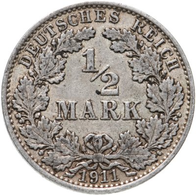 купить Германия 1/2 марки (mark) 1911 знак монетного двора: "A" - Берлин